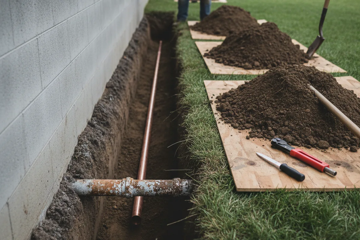 Excavated water line trench during Water Softener Installation in Blythe